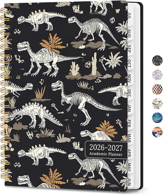 Planner 2026-2027, Academic Planner Weekly and Monthly, Jul 2026 - Jun 2027, Spiral Bound School Planning Tool with Tabs and Pocket, Perfect for Students & Teacher, 6.3" x 8.5", Dino Fossils