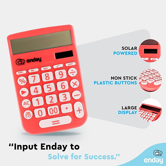 Enday Solar Powered Large Display 12 Digit Red Basic Calculator - Perfect for Office & School