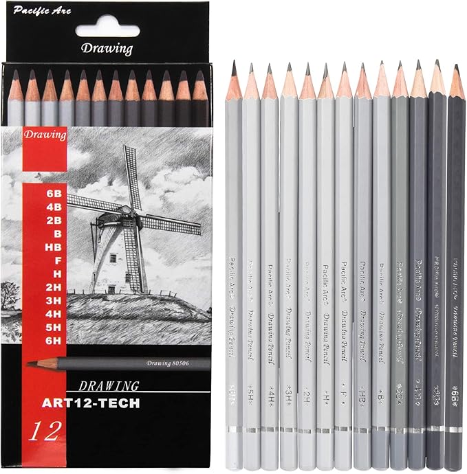 Pacific Arc Premium Graphite Drawing Pencils for Artists, Tech Pack - Professional Pencils for Drawing, Drafting, Sketching and Shading 12 Pk. - Great Non Toxic Art Supplies Set