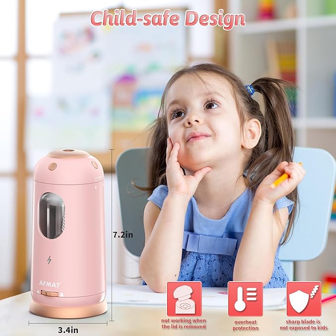 AFMAT Electric Pencil Sharpener, Auto in & Out, Fully Automatic Pencil Sharpener, Rechargeable Hands-Free Sharpeners for Jumbo & Colored Pencils (7-11.5mm), Good for Classroom/Home PSC8(Light Pink)