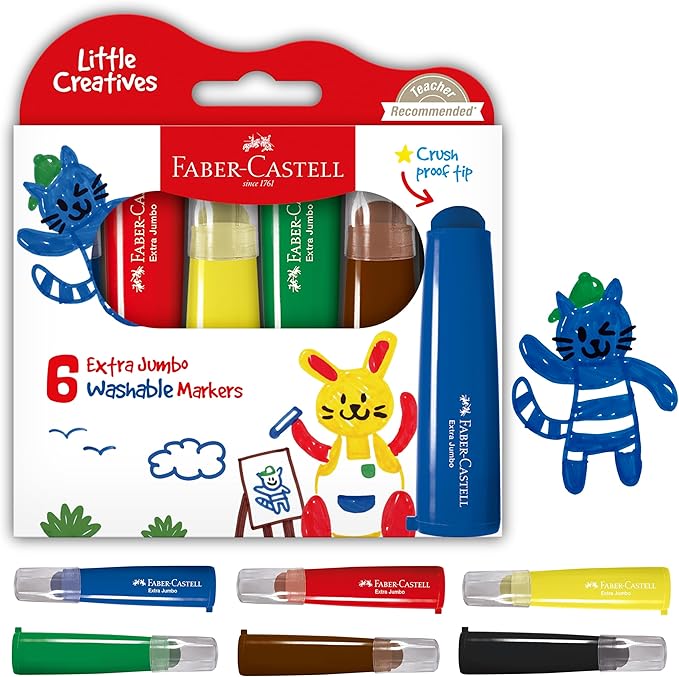 Faber-Castell Little Creatives Extra Jumbo Ultra Washable Markers for Kids - 6 Colors, Spring Craft Supplies, Art Supplies for Kids Toddlers, Preschool (Ages 3+)