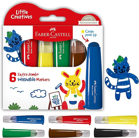 Faber-Castell Little Creatives Extra Jumbo Ultra Washable Markers for Kids - 6 Colors, Spring Craft Supplies, Art Supplies for Kids Toddlers, Preschool (Ages 3+)