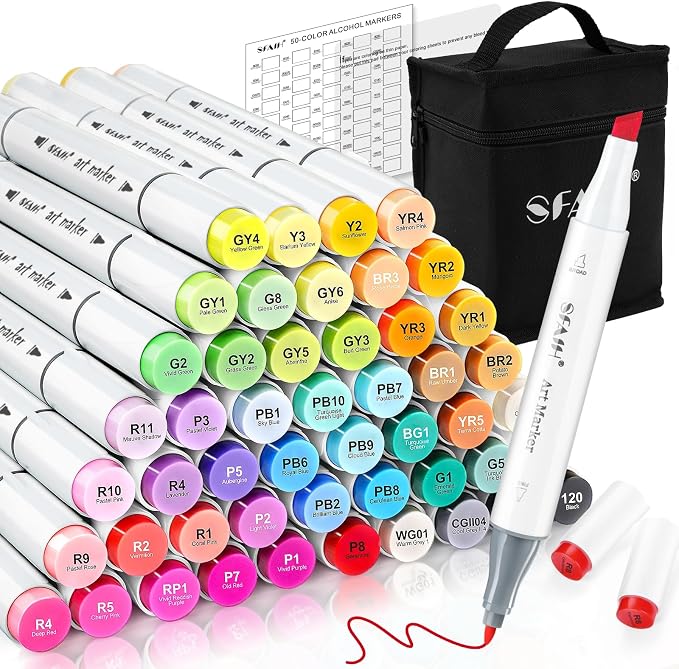 SFAIH 49 Colors Alcohol Markers for Adult Coloring Books–Dual Tip (Fine & Chisel), Art Markers for Artist Drawing Illustration Sketching, Relaxing Coloring Supplies for Stress Relief, Me-Time Gift