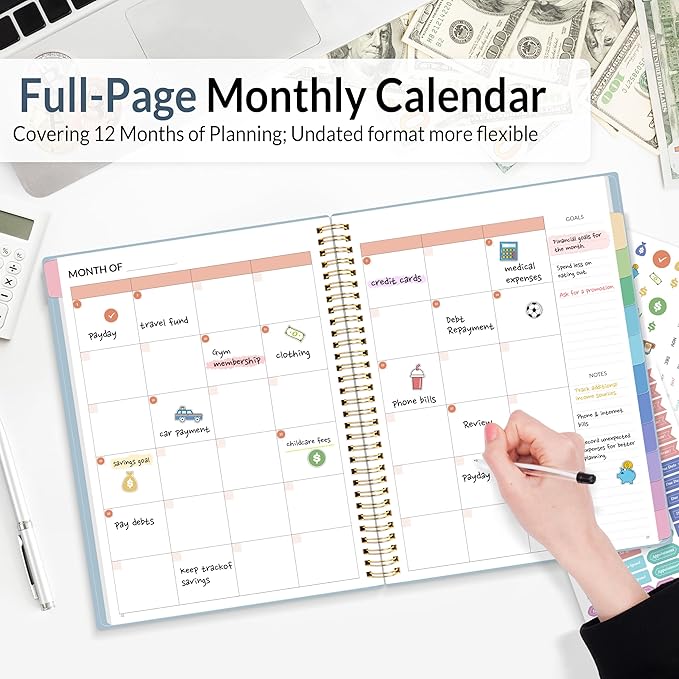 SUNEE Budget Planner - Monthly Budget Book with Expense Tracker Notebook, Undated 12 Month Bill Organizer & Finance Planner to Manage Your Money, A5 (6.4" x 8.3") Account Book with Colorful Tab, Blue