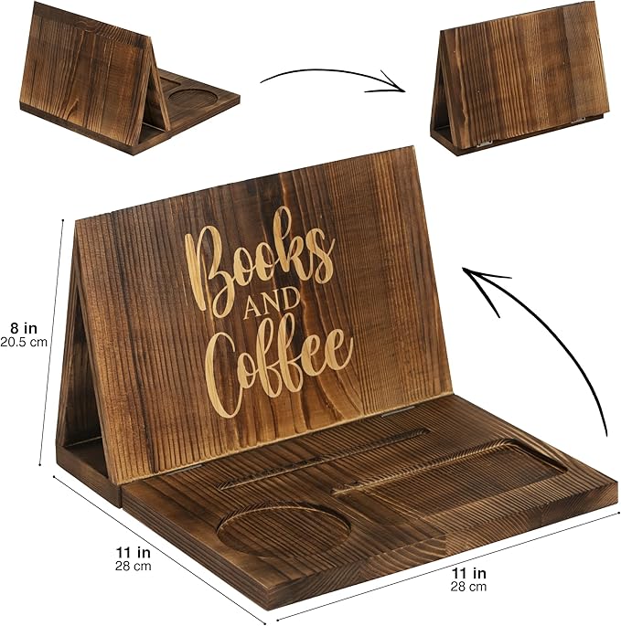Wooden Book Holder for Page Rest,Book Valet Book Stand with Cup,Glass&Pen Holder,Idea Gift for Book Lover and Table Décor.