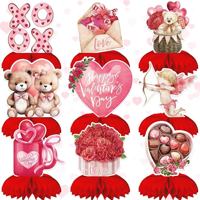 Valentine Honeycomb Centerpieces for Table, 9Pcs Valentine Table Decorations 3D Valentines Centerpiece Red Pink Valentine's Day Decorations Bear Heart Table Toppers for Valentine Party Supplies