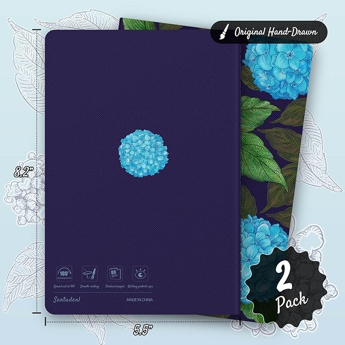 Stitched Composition Notebooks 2-Pack with Unique Art Designed Cover, A5 Lined Diary (8.2"L*5.5"W), Lay Flat Design, Thicked Paper Writes Smoothly for School and Office (Blue Hydrangea)