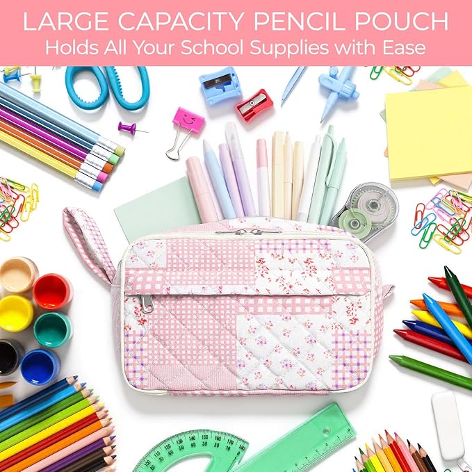 WOBAGMEN Quilted Pencil Pouch for Girls Women, Large Pencil Case Pouch with Compartments Cute Aesthetic Pencil Case Organizer, Floral Pencil Bag for School Supplies (Pink Patchwork)