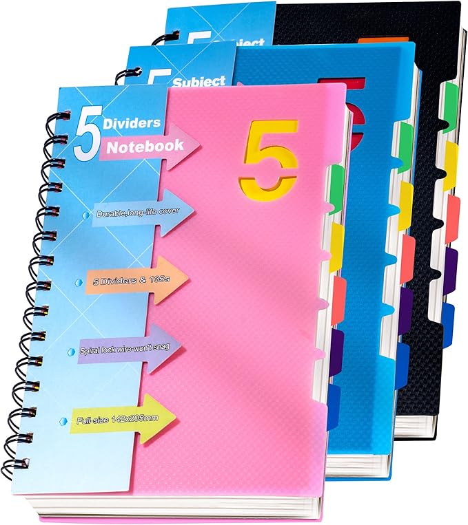 CAGIE 3 Pack 5 Subject Notebook with Dividers 220 Pages Spiral Notebooks with Tabs 5x7 A5 Spiral Bound Journal for Note Taking, Work School Supplies, Black, Pink, Blue