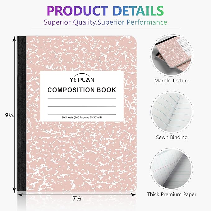 Yeplan Composition Notebooks 4 pack, Wide Ruled Notebook Paper, 9 3/4" x 7 1/2", 80 Sheets/160 Pages, Aesthetic Marble Composition Notebook for School & Office Supplies (4, Pastel Marble Colors)
