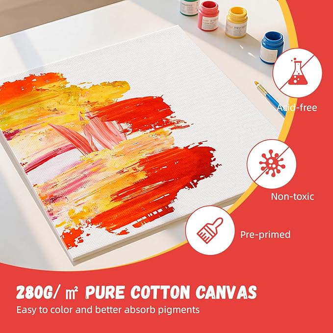 Simetufy 10x10inch Square Canvas Boards for Painting, 12 Pack Paint Canvas Panels Cotton Primed Acid Free for Acrylic, Watercolor, Gouache& Oil