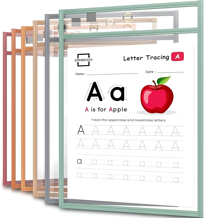 Scribbledo Boho Color Dry Erase Pockets, 6 Pack Reusable Dry Erase Sleeves with Marker Holder Colorful Dry Erase Pocket Sleeves for School Classroom Bohemian Colors Sheet Protectors Ticket Holders