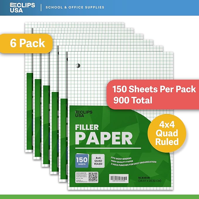 Graph Paper Loose Leaf Paper Quad Ruled Notebook Paper Quad Ruled 4” x 4” Square Lined Writing Filler Paper 10.5” x 8” 900 Sheets 150 Sheets Per Pack 60 gsm (6 Pack)