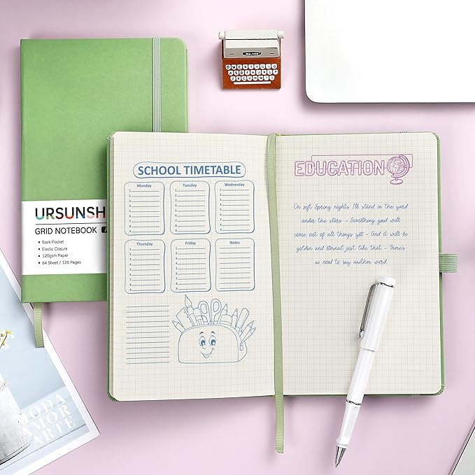 Graph Grid Paper Notebook/Journal - Classic Journal/Notebook with Ribbon Divider, Hardcover with Thick Paper, 5.3" x 8.26", Banded + Pen Holder +Inner Pocket - Light Green