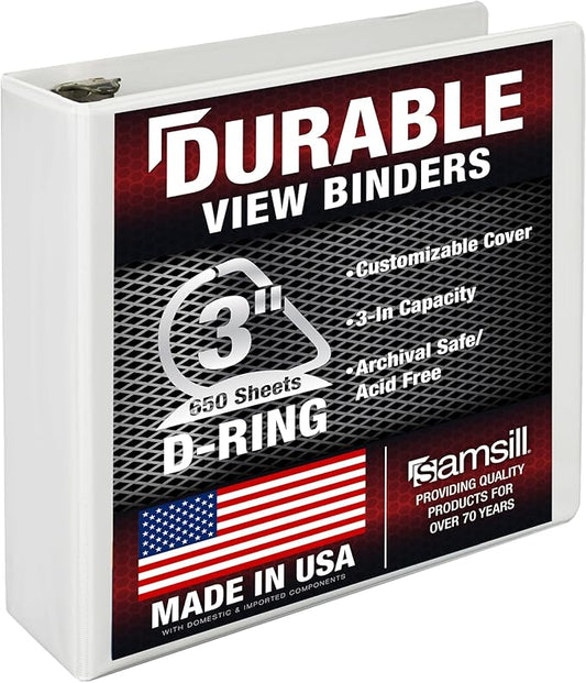 Samsill Durable 3 inch 3 Ring Binder, D Ring Binder, 100% Recycled Chipboard, White