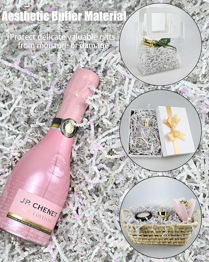 Raissily 10.5oz/300g Crinkle Cut Paper Shred Filler, Packing Grass Cushion for Mother‘s Day Wedding Birthday Anniversaries Engagement Gift Confetti Box Bag Basket Filling Decoration (Diamond White)