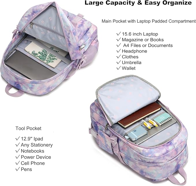 Hidds Laptop Backpacks 15.6 Inch College Backpack Elementary Middle High School Book Bag Cute Bookbags Anti Theft Travel Back Pack Casual Daypack Kids for Teens Girls Women Students (Tie-Dye Purple)