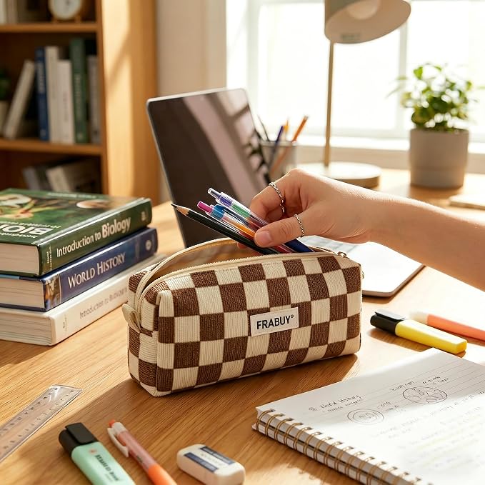 Soft Corduroy Pencil Case Pen Pouch Organizer, Small Stationery Bag | Cute Crown Checkerboard Pouch, Smooth Zipper, Daily Cosmetics Holder, Compact Organizer for School Teen Girls, Women