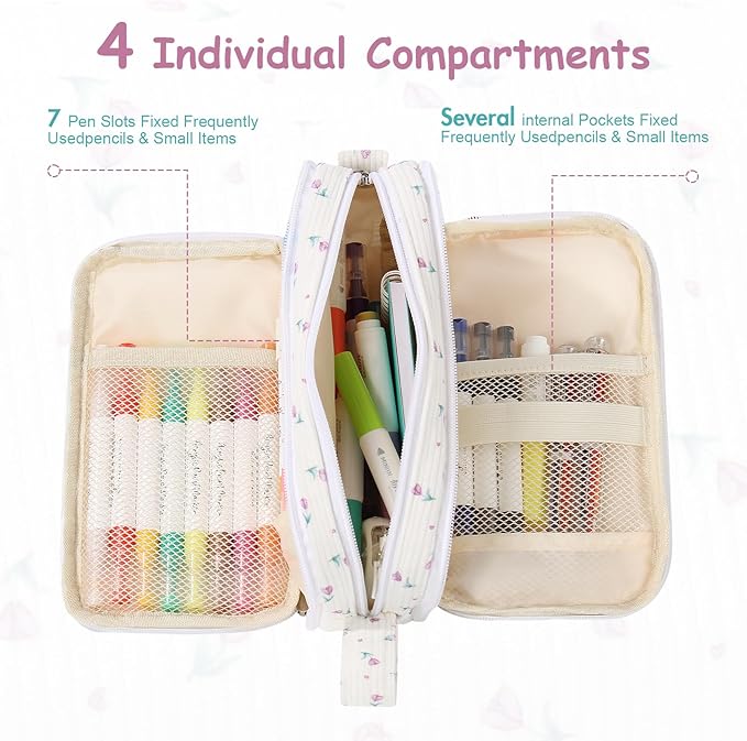 BuyCard Big Capacity Pencil Case, Corduroy Fabric, White with Purple Floral Pattern, Pencil Bag with Zipper Closure, Graduation Gift Office Stationery Storage Pen Pouch