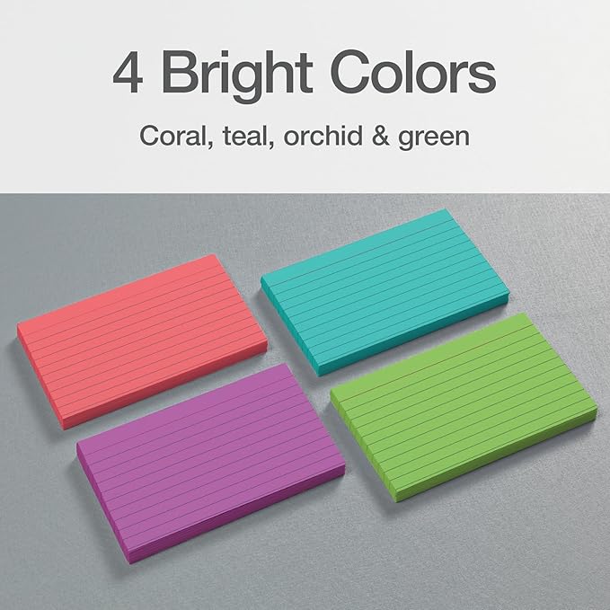 Oxford Ruled Index Cards, Lined Note Cards, Flashcards for School, 4 Assorted Bright Colors: Coral, Green, Teal and Orchid, 3 Inch x 5 Inch, 200 Cards Per Pack (1017488)