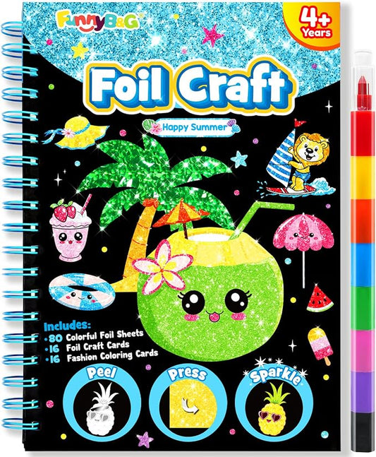 FUNNYB&G Foil Art Craft Kit for Kids 4-10 Years Old: Mess-Free & No-Glue, Create 16 Sparkly Happy Summer Pictures – Perfect Travel Toy & Birthday Gift for Kids(Summer