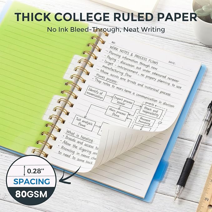Koogel Spiral Notebook with Tabs, 5 Subject Spiral Notebook College Ruled with Removable Dividers, 200Pages Lined Journals for Women Journals Note Taking Work School Gifts, 5.8x8.3 Inch, Blue