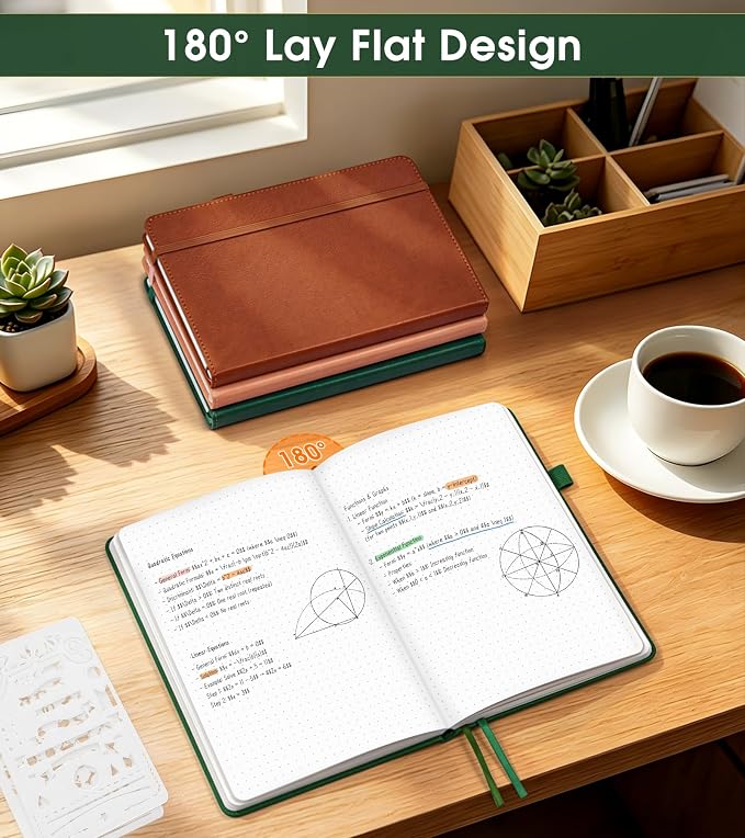 Dotted Journal Notebook, A5 Leather Hardcover, 160 Pages, 180° Lay-Flat Binding, 100 GSM Thick Paper, Dot Grid for Bullet Journaling, Planning & Daily Organization (Green)