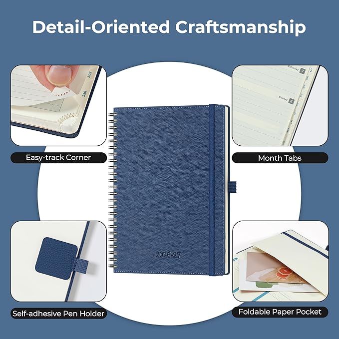 Planner 2026-2027 Daily Weekly and Monthly,8.5"x6.5",18 Months Spiral Bound Calendar Agenda with Self-adhesive Pen Holder,2026 Academic Plan with Vegan Leather Soft Cover,Blue