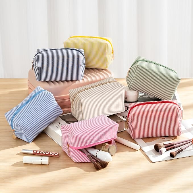 Makeup Bag Travel Toiletry Bag for Women, Small Cosmetic Bags Cute Stripe Beige Aesthetic Organizer Makeup Pouch for Purse Emergency Bag Pencil Case Accessory Bag