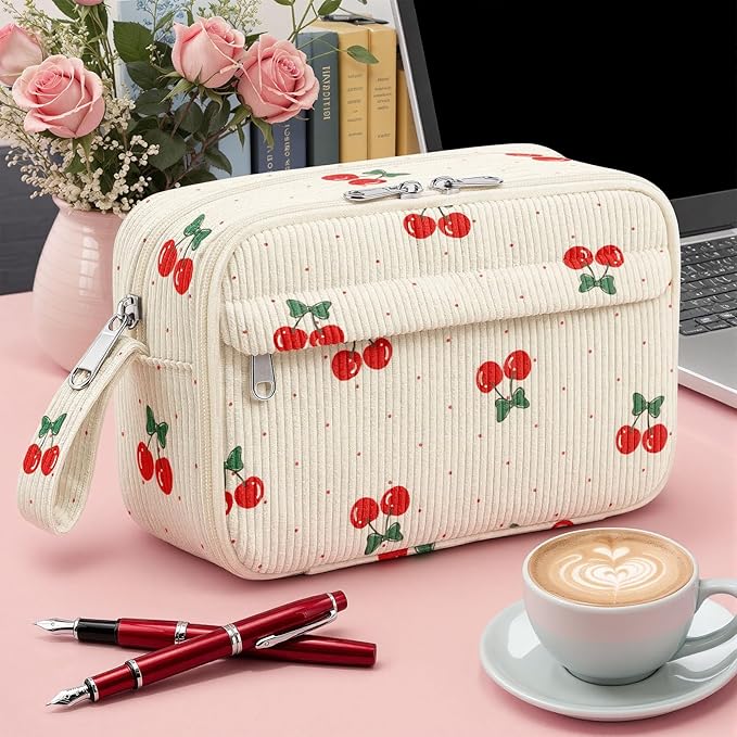 WOBAGMEN Cute Pencil Case,Large Corduroy Zippered Pencil Case Pouch, Aesthetic Pencil Bag with Compartments, Pencil Pouch School Supplies (Cherry Polka Dots)