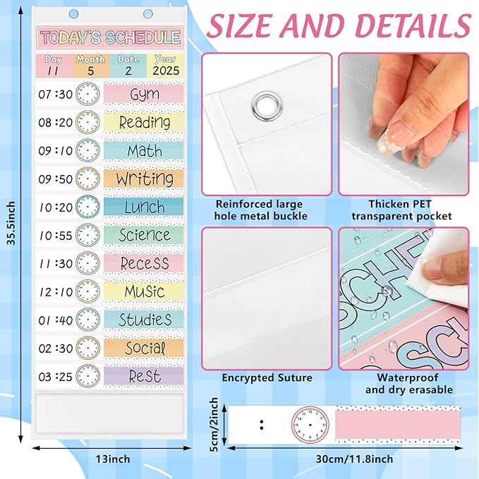 JarThenaAMCS Pastel Daily Schedule Pocket Chart 13 x 35.5 In Colorful 13 + 1 Pocket Visual Schedule Chart Board with 24 Card for Classroom Home Office Supplies