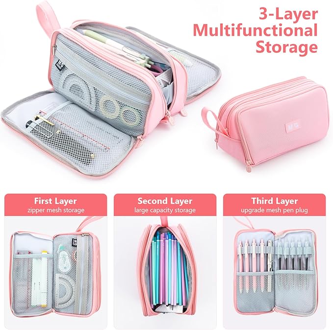 M&G Large Pencil Case, Big Capacity Pencil Pouch with 3-layer Compartment, Portable Handheld Pencil Bag, Cute School Stationery Organizer for Boys Girls Men Women, Ideal for Office School, Pink