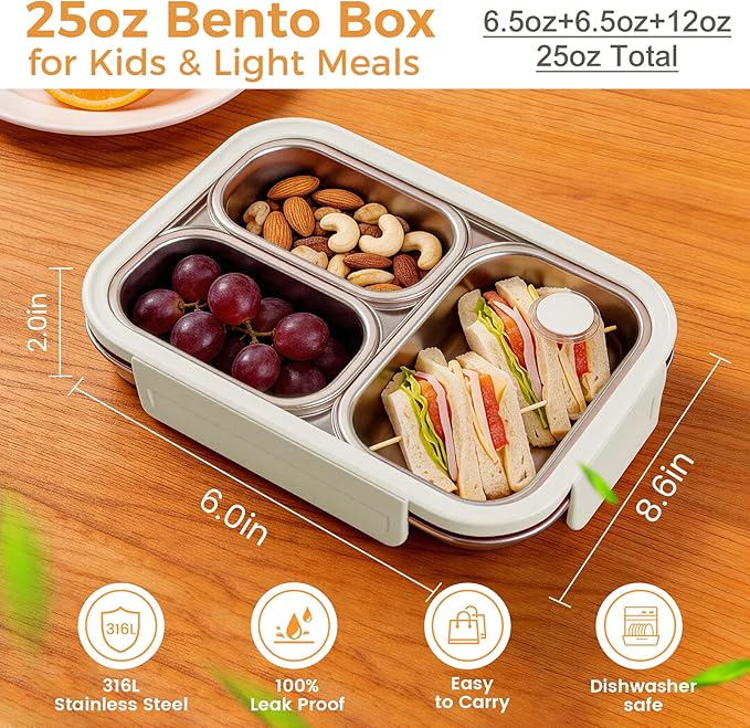 Premium 25oz SUS316L Stainless Steel Lunch Box Bento Box - Reusable Metal Snack Containers with Lids for Kids & Adults - Daycare/School/Work/Travel - Superior Corrosion-resistant (Beige)