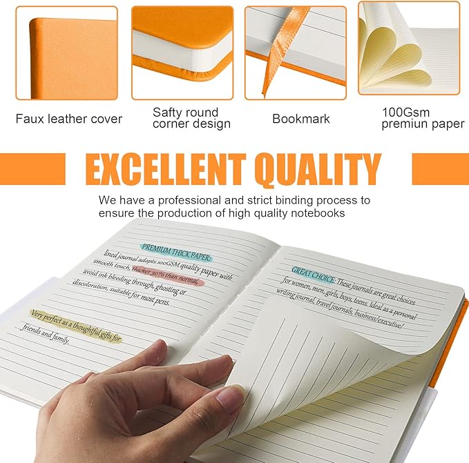 Lined Journal Notebook, 6Pack Hardcover Notebook for Men & Women – Journals for Writing, Work, School, Home & Daily Notes, 160 Pages – Medium A5, 5.7"x8", 100 gsm Thick Paper (Orange)