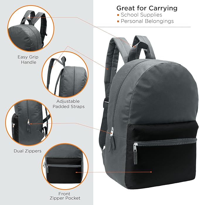 17" School Backpacks for Kids - Backpacks in Bulk for Elementary, Middle, and High School Students in Assorted Colors