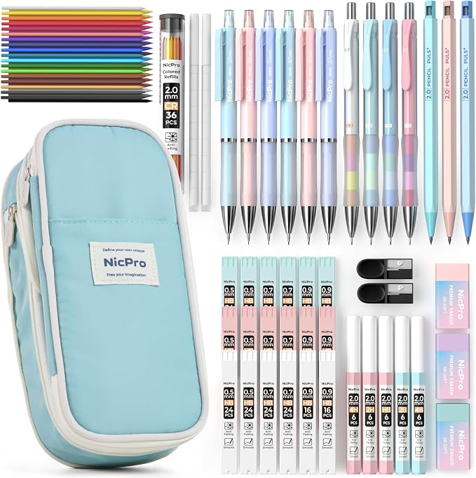 Nicpro 45PCS Mechanical Pencils with 462 Lead Refills (Blue) | 0.5mm-2.0mm Cute Mechanical Pencil Pet, School Supplies Stationary Set with Pencil Case for Girl Note-Taking & Back to School