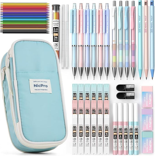 Nicpro 45PCS Mechanical Pencils with 462 Lead Refills (Blue) | 0.5mm-2.0mm Cute Mechanical Pencil Pet, School Supplies Stationary Set with Pencil Case for Girl Note-Taking & Back to School