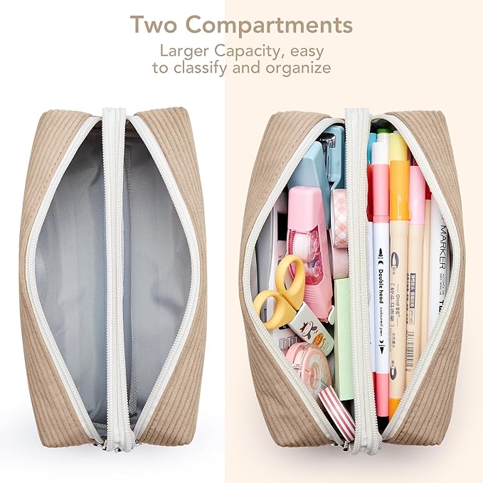 KALIDI Large Pencil Case Corduroy Pencil Pouch Box Cute School Supplies for Teen Girls Boys, Dark Khaki