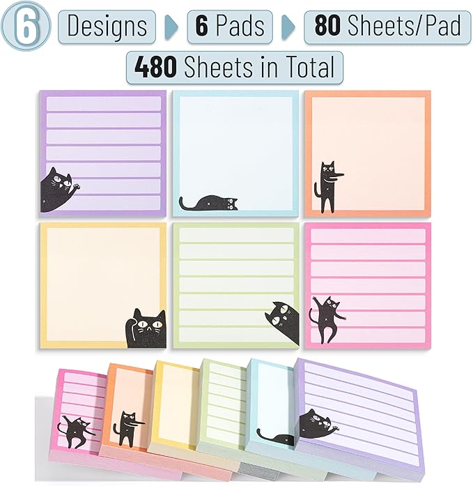 Mr. Pen- Black Cat Sticky Notes Set, 3" x 3", 6 Pads, 480 Sheets, Black Cat Sticky Notes, Memo Pads, Self-Stick Note Pad for Office, School, Home, Study & Organization