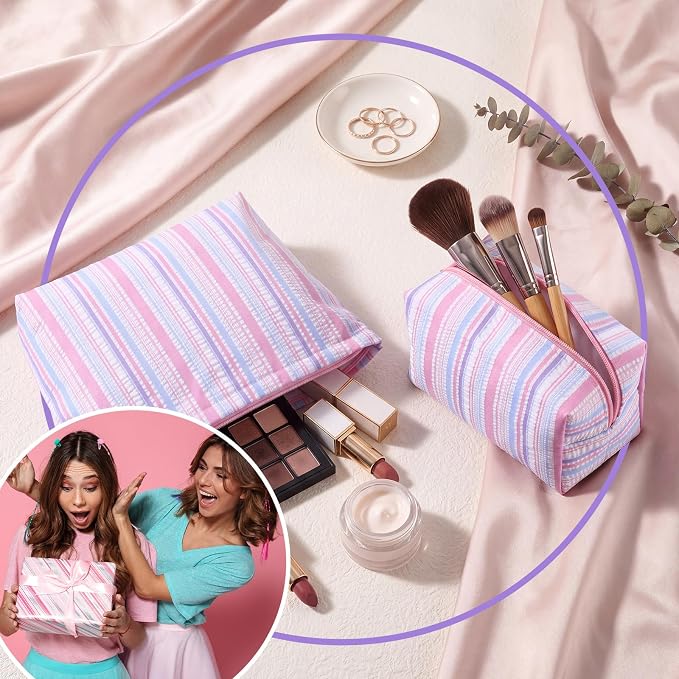 Huhumy 2 Pcs Striped Makeup Bag, Travel Toiletry Bag for Women, Aesthetic Cute Colorful Cosmetic Pouch, Seersucker Storage Organizer for Accessories, Essentials, Toiletries (Pink Purple Blue)