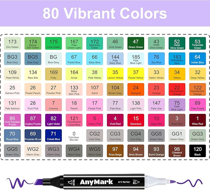 AnyMark Alcohol Markers, 80 Colors Dual Tip Art Coloring Markers Set for Adult Book Drawing Sketching Painting, Chisel & Fine, Black Penholder