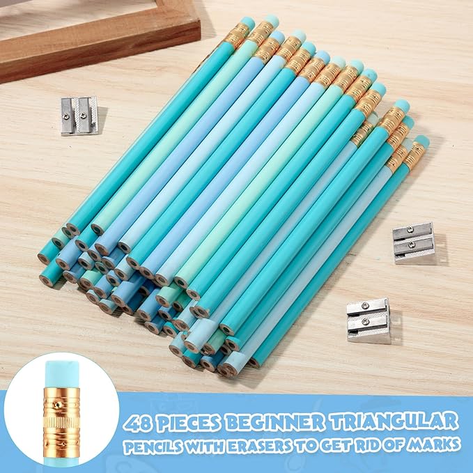 Fainne 48 Pcs Fat Pencils Jumbo Big Thick Large Pencils and 3 Pieces Sharpeners for Kids Beginners Preschoolers Kindergarten School Office Supplies(Turquoise Blue Series,Round)