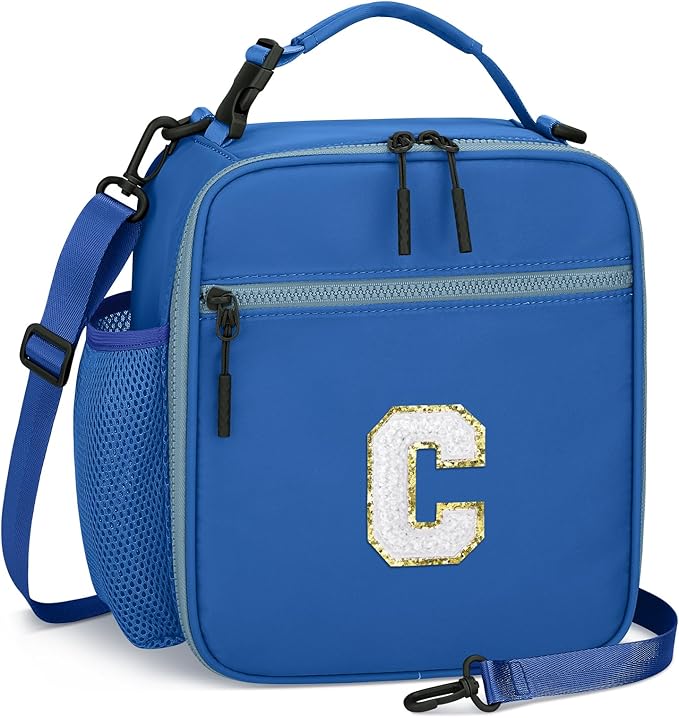 Initial Insulated Lunch Bag for Boys Kids, Back to School Gift, Reusable Leak-proof Lunch Box with Adjustable Strap for School Daycare Travel Picnic（Blue，C）