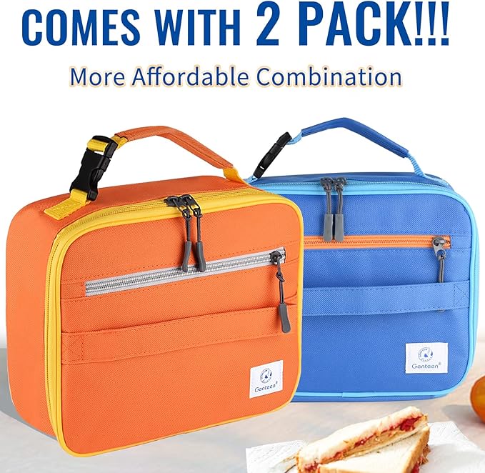 Genteen 2 Packs Insulated Soft Lunch Bag With Double Zipper - Sturdy, Freezable and Reusable for Kids, Men - For School, Work, Outdoor (B-2pk Blue+Orange)