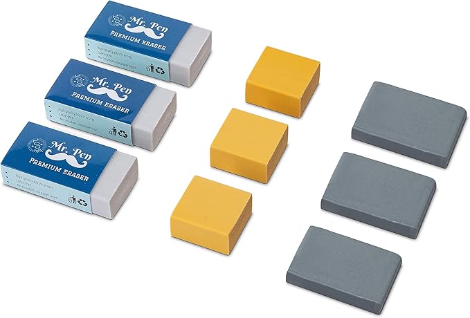 Mr. Pen- Art Eraser Set, 9 Pack, 3X White Vinyl Latex-Free, 3X Kneaded and 3X Artist Gum Erasers, Non-Abrasive, Smudge Resistant, Perfect for Artists and Designers