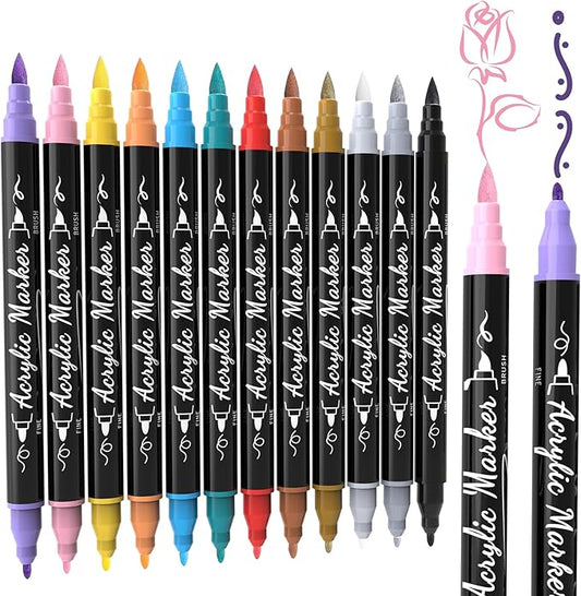 TOSHARE 12 Colors Acrylic Paint Markers, Brush & Fine Dual Tip Acrylic Paint Pens for Rock, Wood, Paper, Fabric, Canvas, Glass, Ceramic, Egg, Scrapbook and DIY Crafts Supplies Art Gifts