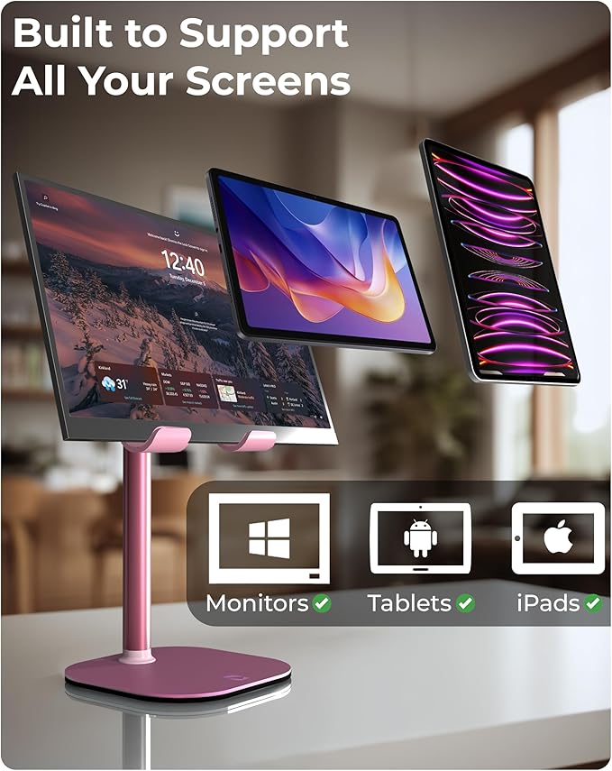 COOPER TabHolder, 7-10" Height Adjustable Tablet Stand, Premium iPad Stand for Desk, 270° Tilt iPad Holder, Kindle Holder, 15.6-17" Portable Monitor Support, (Lavender Pink)