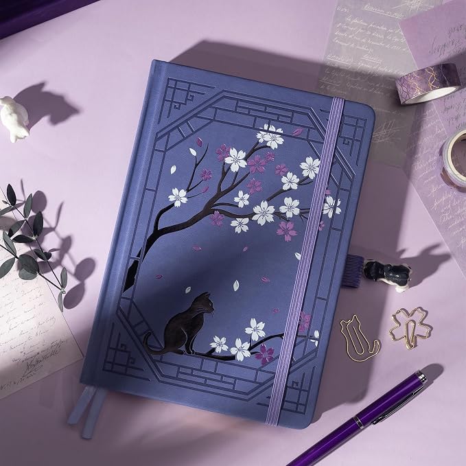 TIEFOSSI A5 Lined Journal, Cute Cat Journal for Women Girls, College Ruled Notebook with Pretty Sakura Pattern, Aesthetic Diary for Writing Journaling Drawing, Golden Edges