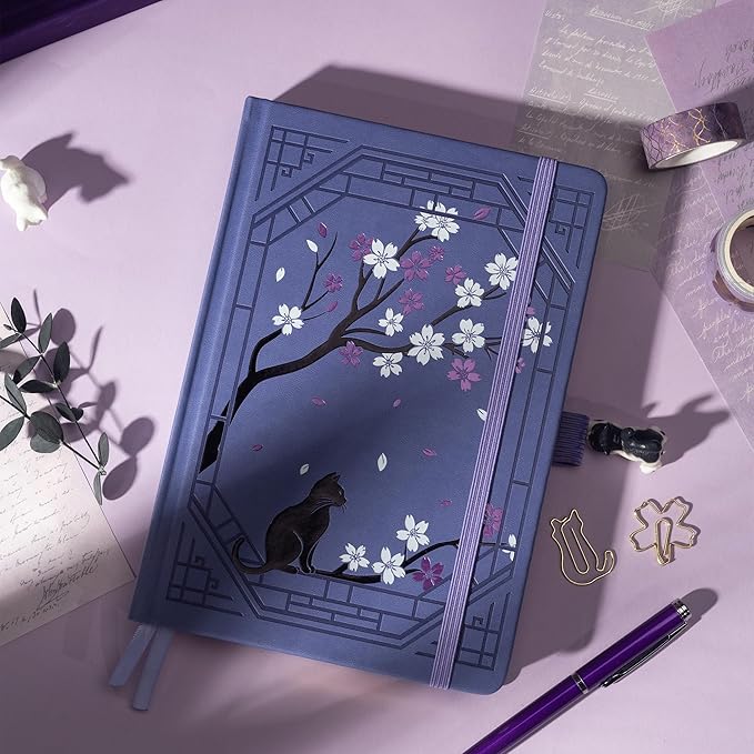 TIEFOSSI A5 Dotted Journal, Cute Cat Journal for Women Girls, Dot Notebook with Pretty Sakura Pattern, Aesthetic Diary for Writing Journaling Drawing, Golden Edges