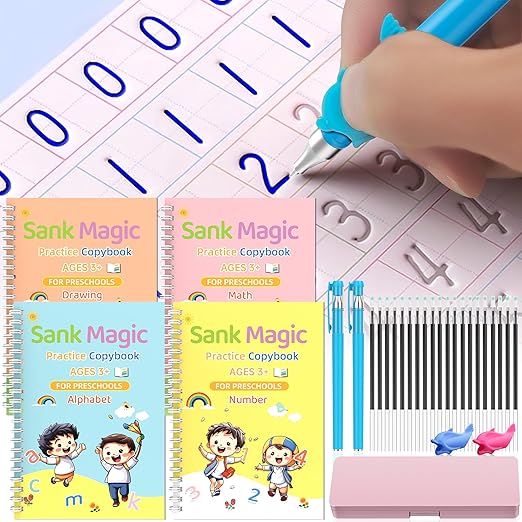 Grooved - 4 children's magic copybooks, Four-in-one pink pencil case set, magic grooved writing practice for kids, magic disappearing writing practice, grooved handwriting practice for kids.